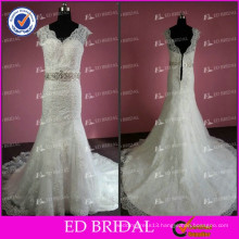 ED Real Sample White Crystal Beaded Waist Cap Sleeve Lace Appliqued Wedding Dress